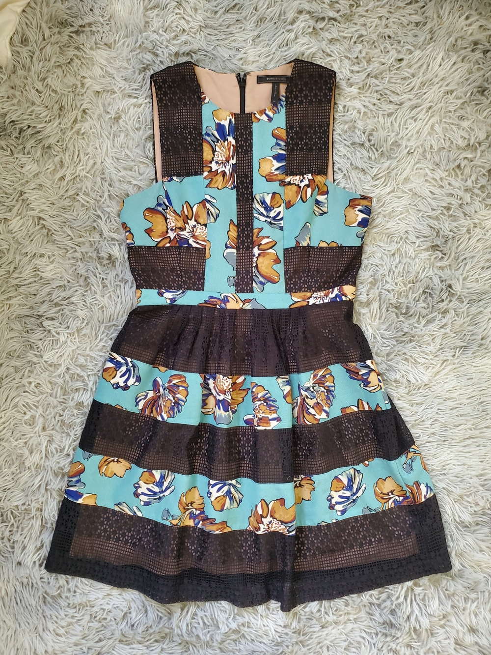 BCBGMaxAzria Cecile Aqua Floral Fit-and-Flare Dress with Brown Lace Panels